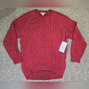 Athleta Crossroads Crew Sweater Red Cable Knit w/ Silver Flecks Womens Size Med